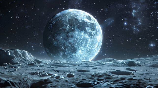 Surreal Lunar Landscape with Distant Celestial Body in Night Sky