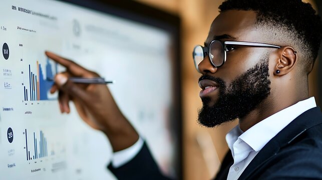 Focused businessman analyzing financial data on a large touchscreen display.
