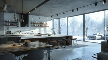 Modern Kitchen and Dining Area with Winter Landscape View