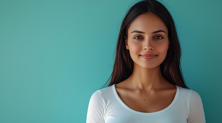 30 year old Indian woman, wearing a round white t-shirt, looking directly at the camera with a subtle smile with blue limbo background