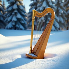Golden harp rests on pristine snow, winter scene, picture, idyllic