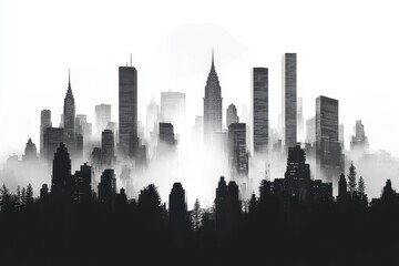 A minimalist art image of a black and white city skyline, showcasing the bustling energy and sophistication of the financial district