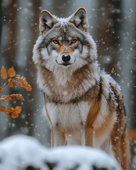 Fototapeta premium A majestic, snow-covered wolf standing proudly in a pristine forest