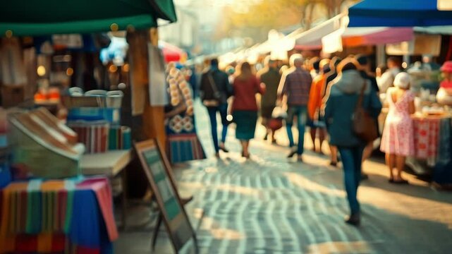 Distant view of a buzzing flea market with stalls and shoppers blending together in a soft blur.