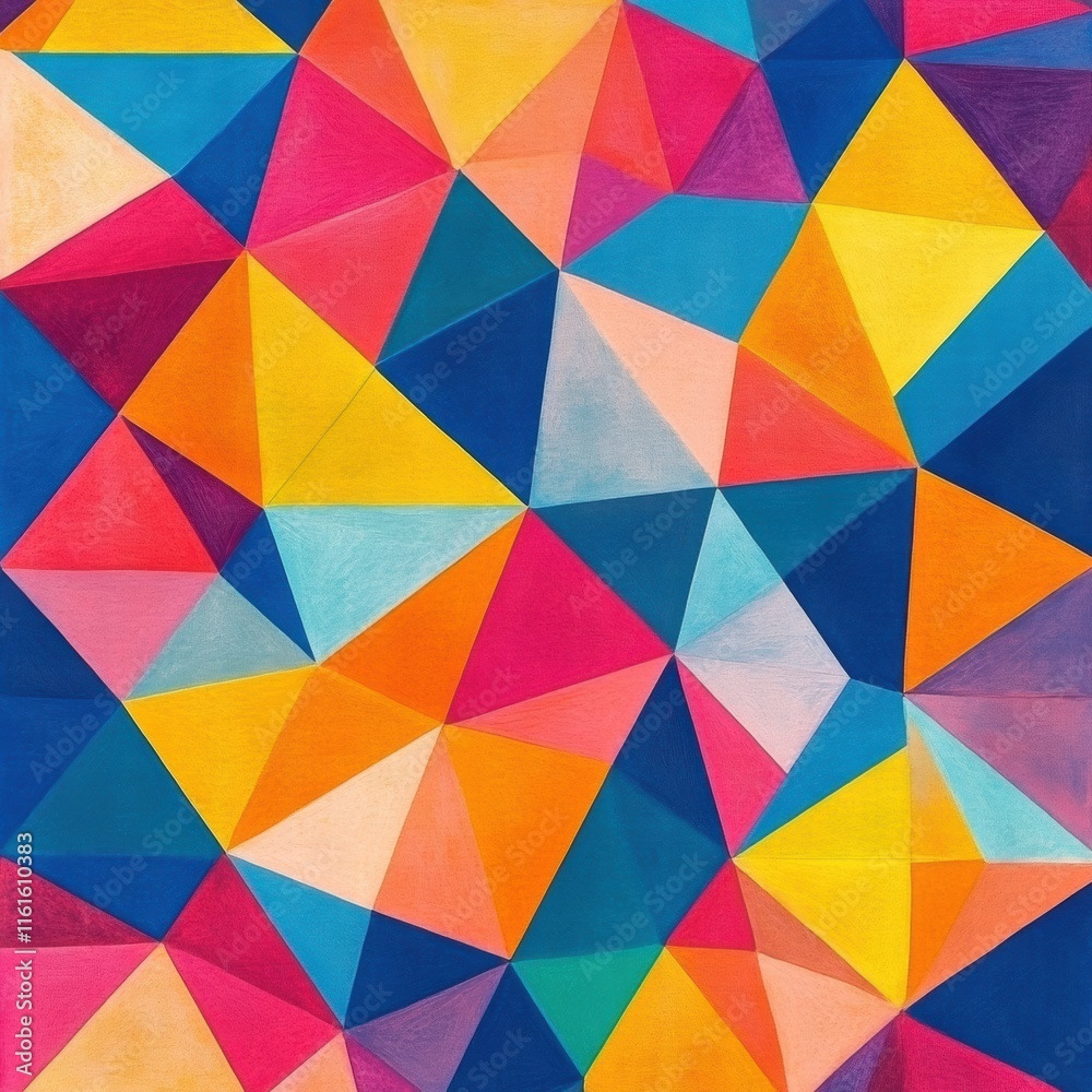 Poster colorful mosaic pattern created with triangular shapes in vibrant hues of blue, red, yellow, and pin