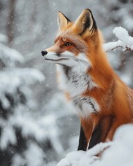 Fototapeta premium A curious red fox observing its surroundings in a snowy woodland