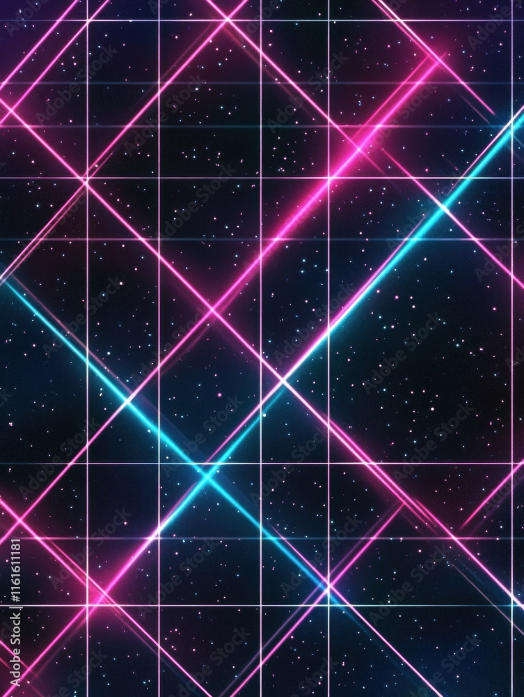 Aufkleber Bright neon grid pattern from the retro 1990s featuring vibrant colors against a dark background. Generative AI