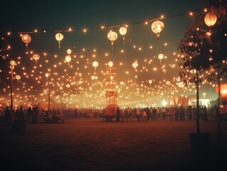 A vibrant festival scene illuminated by lanterns, filled with people enjoying the atmosphere.