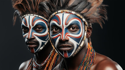 Two african men wearing traditional headdresses and face paint