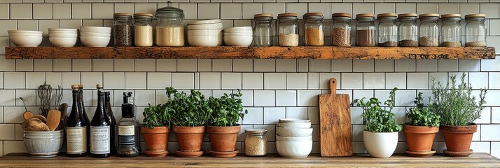 Fototapeta premium A rustic kitchen shelf displaying jars, pots, and herbs for cooking and organization.