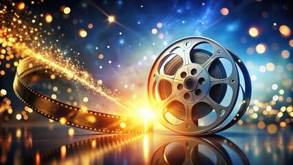 Cinematic reels and filmstrip with glowing particles, perfect for a movie or entertainment concept, cinematic, reels