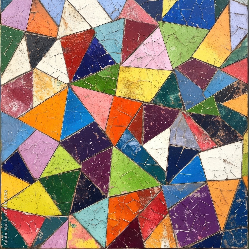 Poster Mosaic pattern featuring colorful triangles with various shades arranged in a vibrant design suitable for decorative purposes. Generative AI