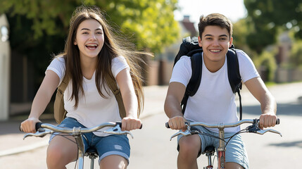 Happy students cycling to school on sunny day