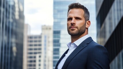 Fototapeta premium Businessman outdoors in a modern cityscape, radiating authority and leadership, on solid white background, single object