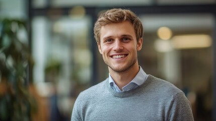Fototapeta premium Casual yet professional man smiling warmly, embodying approachability and confidence.