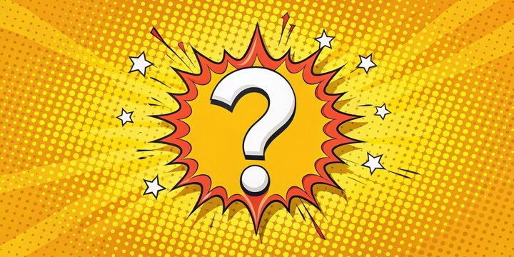 Comic book with question marks and exclamation points on yellow background in pop art style