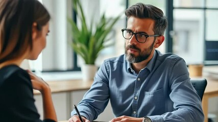 Engaging conversation between a man and woman in a bright office setting focusing on personal or professional development