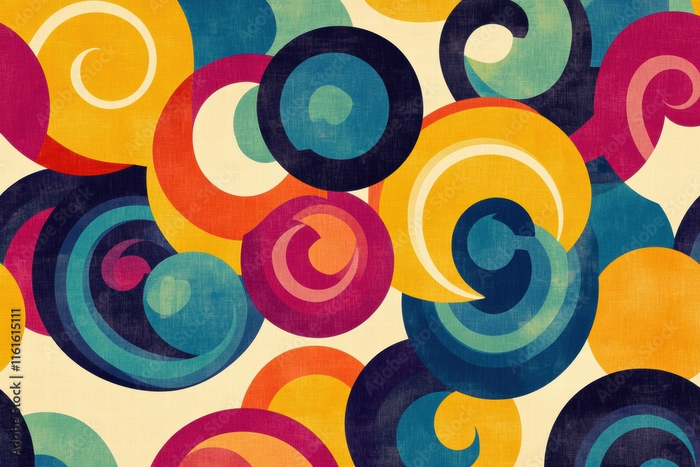 Poster colorful retro inspired pattern showcasing spirals and curved lines in vibrant 70s color palette. ge
