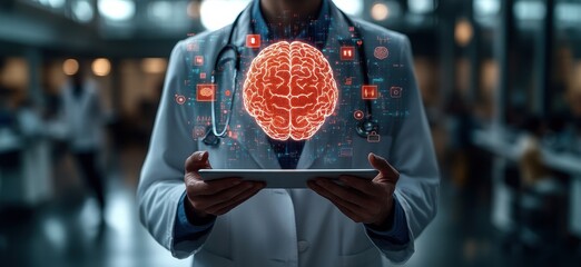 A doctor is holding a tablet with a brain on it