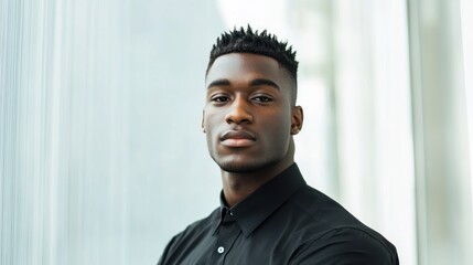 Diverse young man in a modern corporate hallway, symbolizing inclusion and ambition, on solid white background, single object