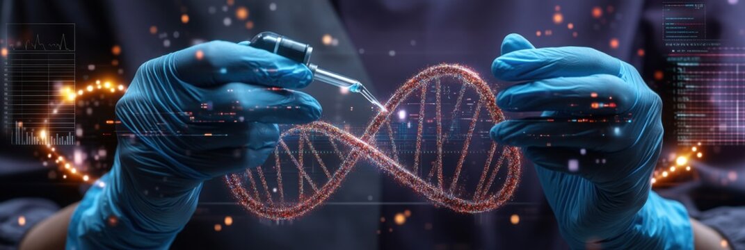 A person is holding a DNA strand with a syringe in their hand