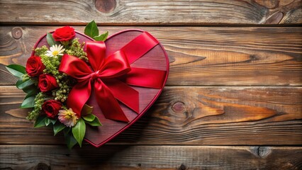 Fototapeta premium A crimson red bow tied around a heart-shaped gift box filled with romantic flowers and lush greenery on a rustic wooden table