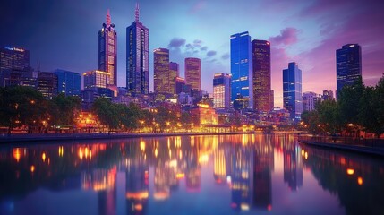 Obraz premium A stunning urban skyline at dusk with shimmering reflections and glowing lights, perfect for collectible prints