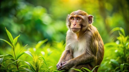 Fototapeta premium Monkey sitting calmly in lush, green natural habitat , Wildlife, primate, rainforest, jungle, cute, animal, ape, sitting, calm