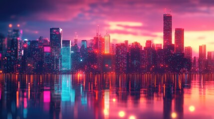 Fototapeta premium A vibrant city skyline at dusk with colorful lights shimmering in the water below, perfect for collectible artwork