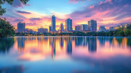 Fototapeta premium A dreamy urban skyline with vibrant reflections shimmering in the water at dusk, perfect for collectible art