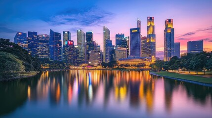 Fototapeta premium A glowing cityscape with illuminated skyscrapers and vibrant reflections, framed by a tranquil dusk sky