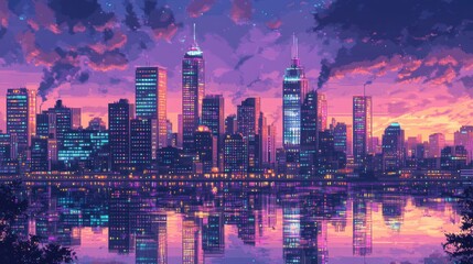 Fototapeta premium A glowing cityscape with illuminated skyscrapers and vibrant reflections, framed by a tranquil dusk sky
