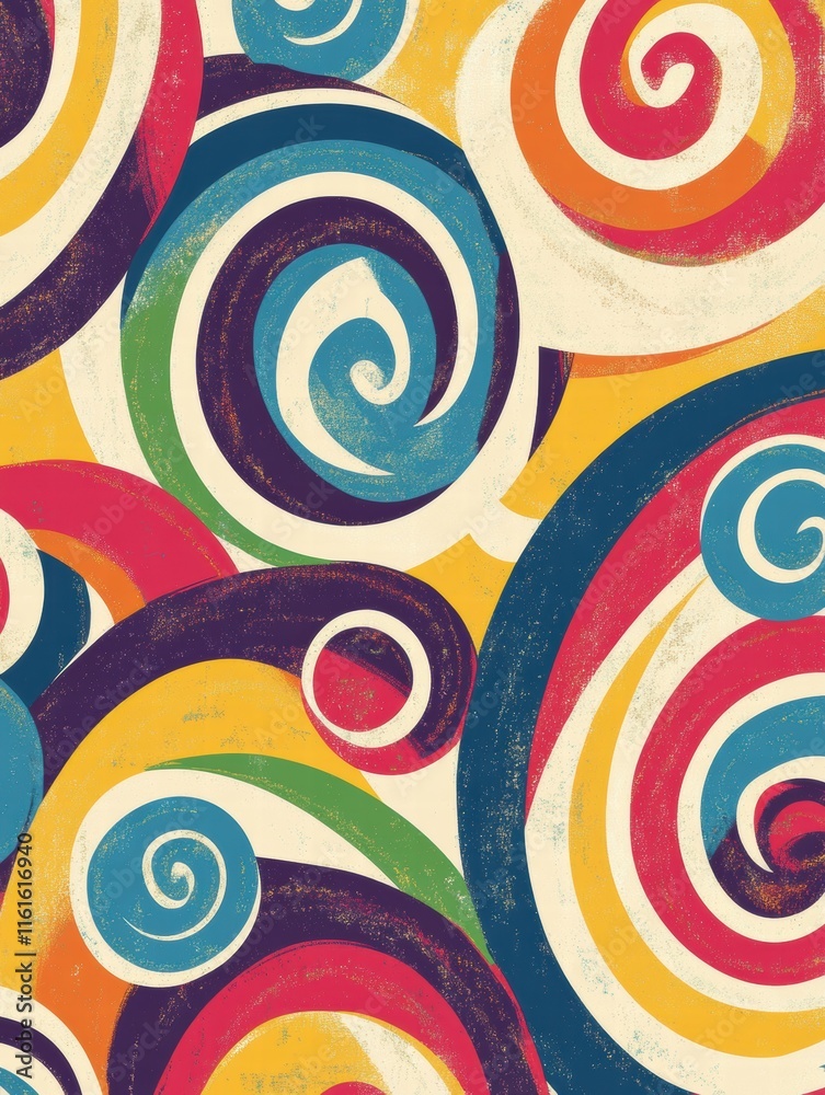 Poster Retro inspired pattern featuring colorful spirals and curved lines in vibrant 70s color palette for creative design. Generative AI