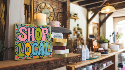 A vibrant 'Shop Local' sign in a cozy store, promoting community support. The scene features colorful handmade soaps and natural decor.