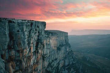 A breathtaking cliff landscape at sunset, showcasing dramatic rock formations and vibrant skies.