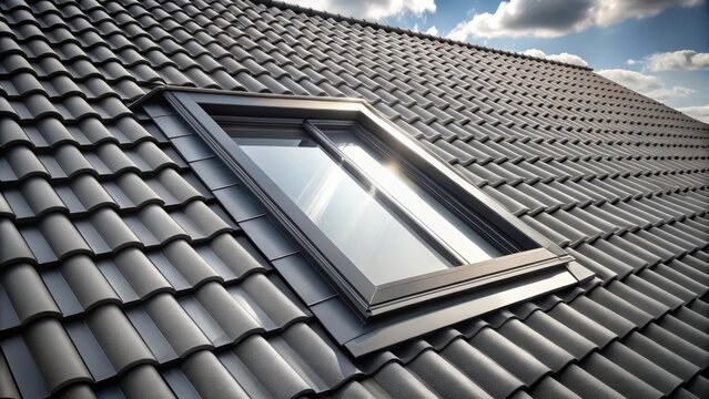 Open roof window in velux style with black roof tiles, skylight, window, home improvement, architecture