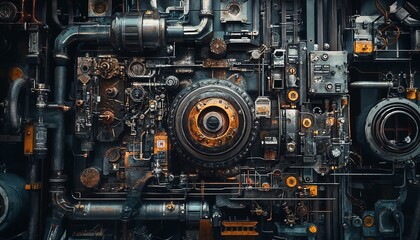 Industrial mechanical steampunk style with intricate pipes and gears for creative design and background