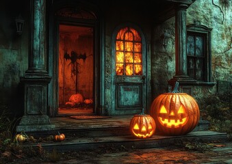 Obraz premium A house with two pumpkins on the porch, one of which has a smiley face