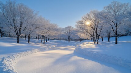 Obraz premium Stunning Winter Landscape with Snow-Covered Trees, Sunlight Peeking Through Branches, and Tranquil Paths in a Serene Park Setting