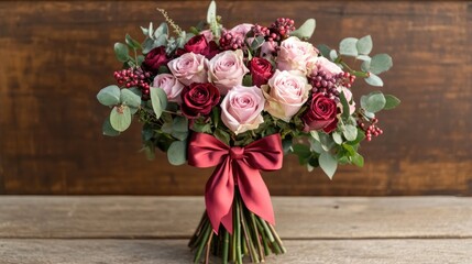 Beautiful Bouquet of Pink and Red Roses with Eucalyptus Arrangement