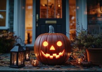 Obraz premium A pumpkin with a smiley face on it is lit up in the dark