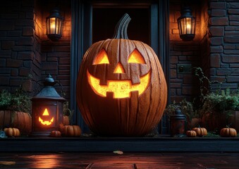 Obraz premium A pumpkin with a smiley face on it is lit up in the dark