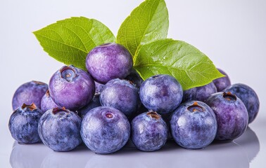 A bunch of blueberries with green leaves on top