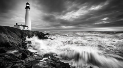Dramatic black and white photo of a lighthouse on a rocky coast with crashing waves and stormy sky.