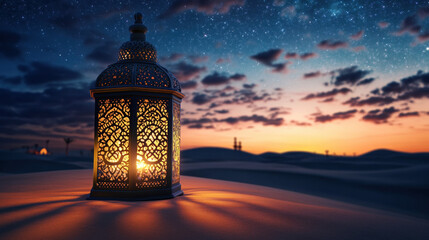 Illuminated Lantern in Desert Sunset Under Starry Sky