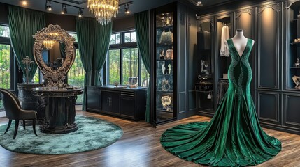 Elegant Fashion Boutique Interior with Stunning Green Dress Display