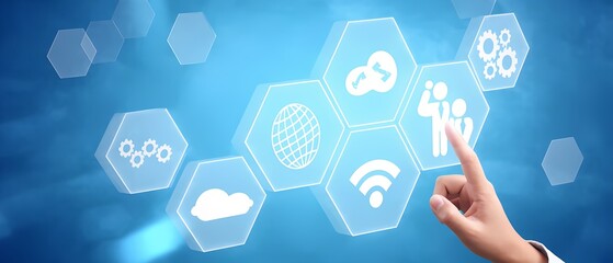 Futuristic Technology and Data Visualization Interface with Vibrant Blue 3D Surface, Interconnected Hexagons, Tech Symbols, Human Hand Pointing for User Interaction, Sleek Modern Design