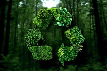 Vibrant green plant-based recycling symbol illustration, showcasing lush foliage textures within the iconic logo, emphasizing sustainability and environmental renewal on a rich green background
