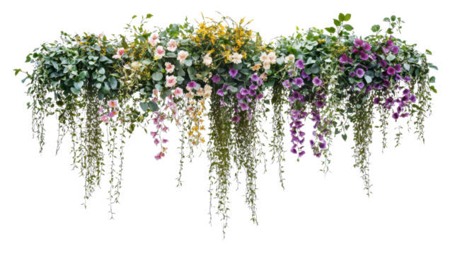 Hanging colorful spring flowers, transparent background