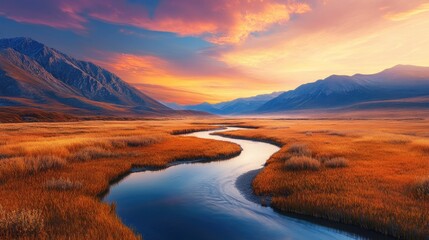 Obraz premium Serene Sunset Over Tranquil River in Golden Marshland Landscape